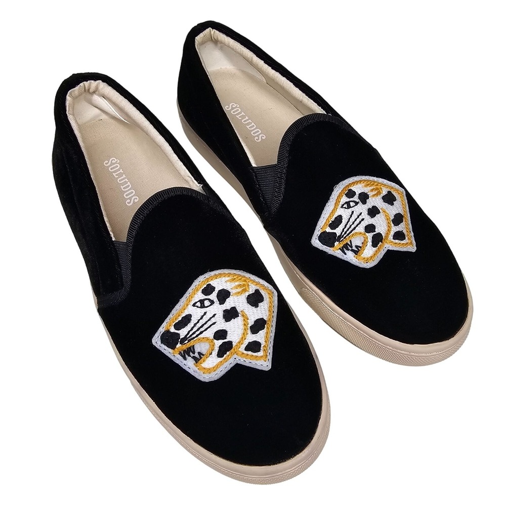 Soludos Black Velvet Slip-On‎ Sneakers Leopard Head Patch Womens 5